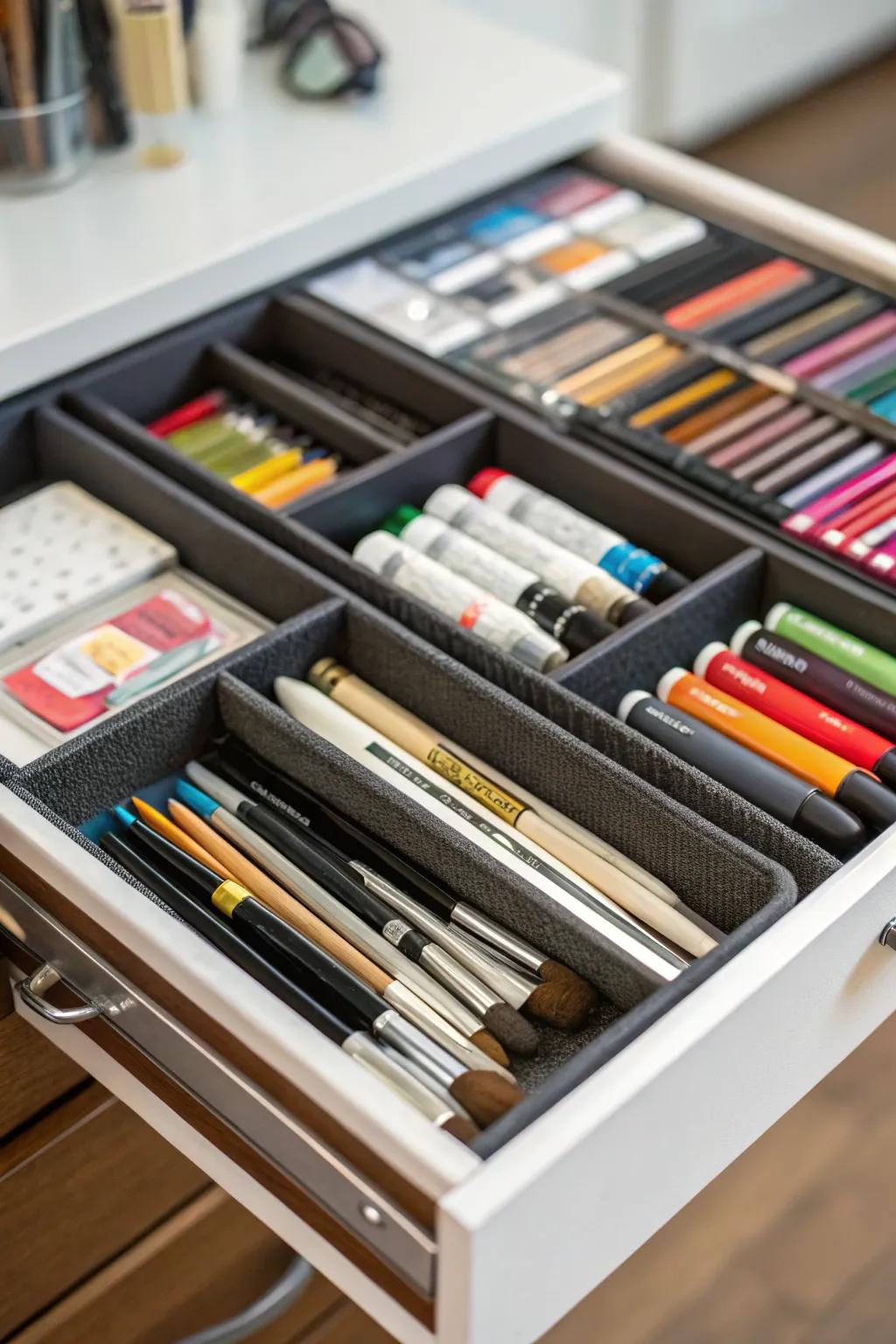 A custom drawer solution keeps supplies organized and accessible.