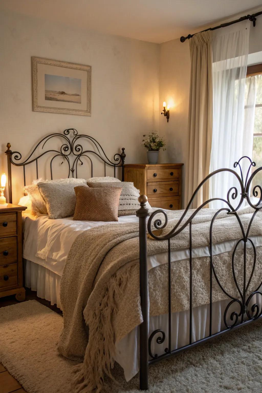 An iron bedstead lends a hint of romance to your sleeping quarters.