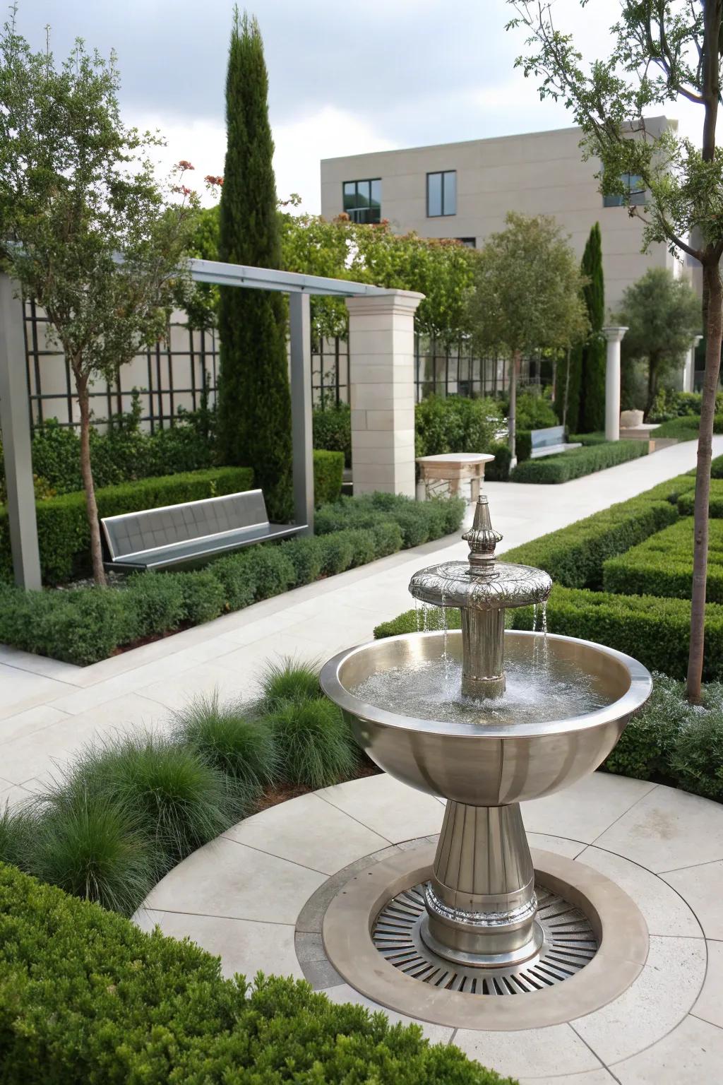 A shiny metallic fountain contributing a modern touch to the garden.