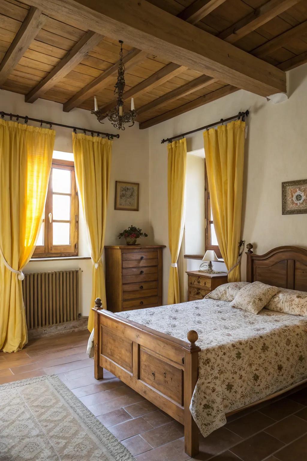 Yellow window coverings and rustic woodland furniture create a warm and inviting country-style bedroom.