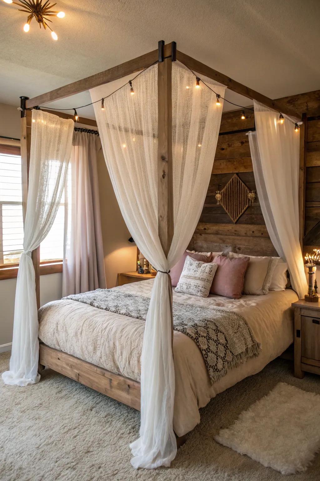 A DIY canopy bed introduces an elegant and snug sensation.
