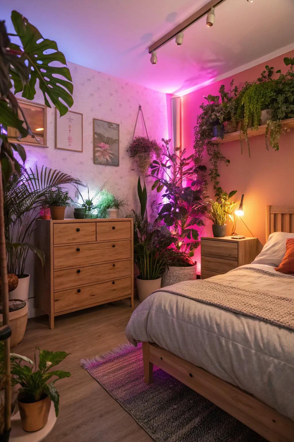 Lush flora illuminated by LED lights infuses life into the room.