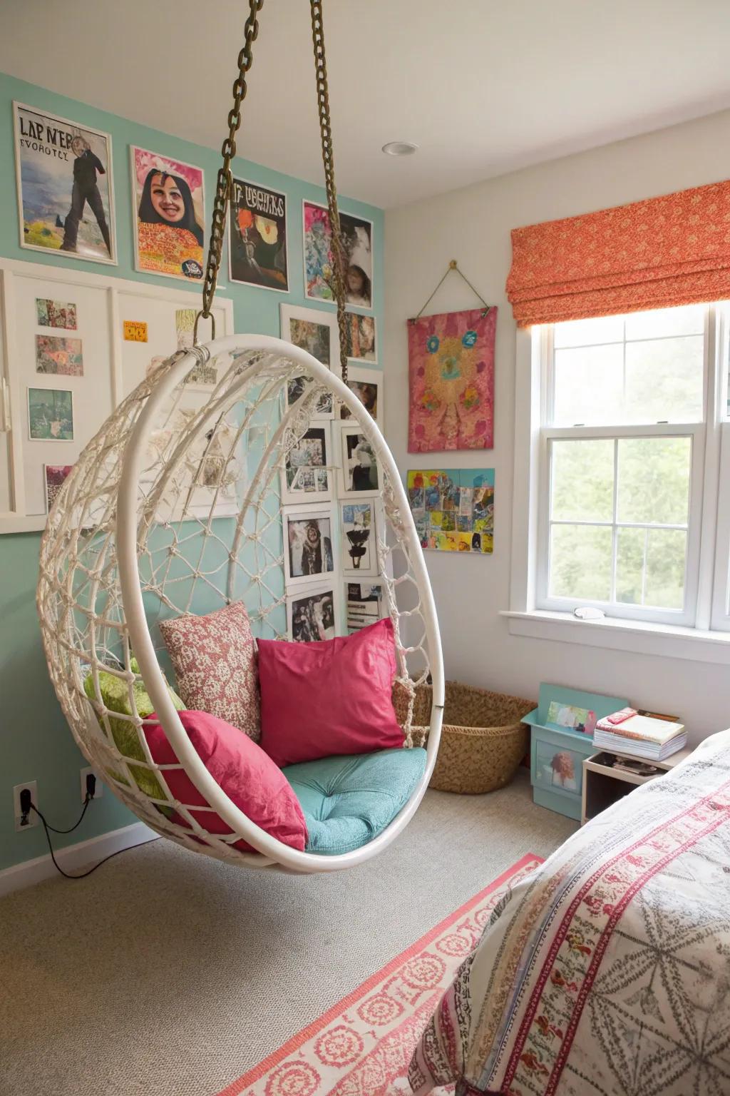 Playful chair suspended for relaxation purposes.