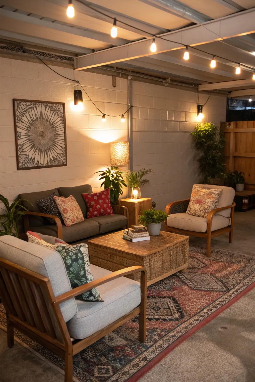 A cozy lounge space enhances comfort in your garage.