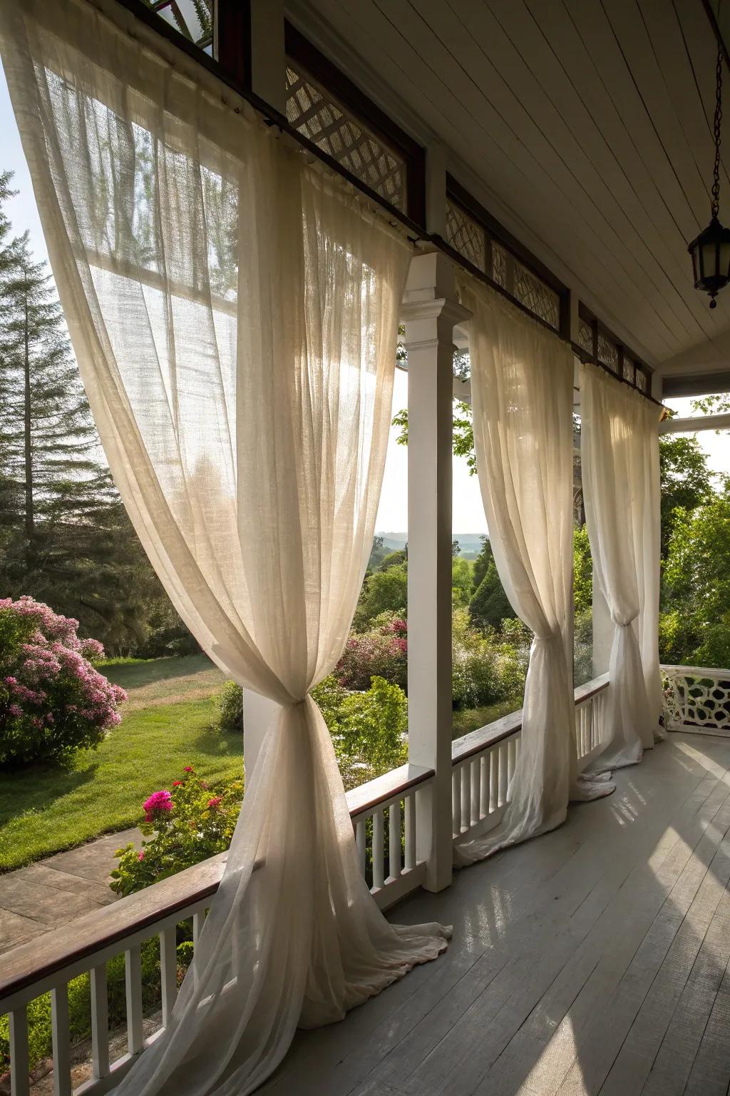 Sophisticated sheer textiles framing the porch windows.