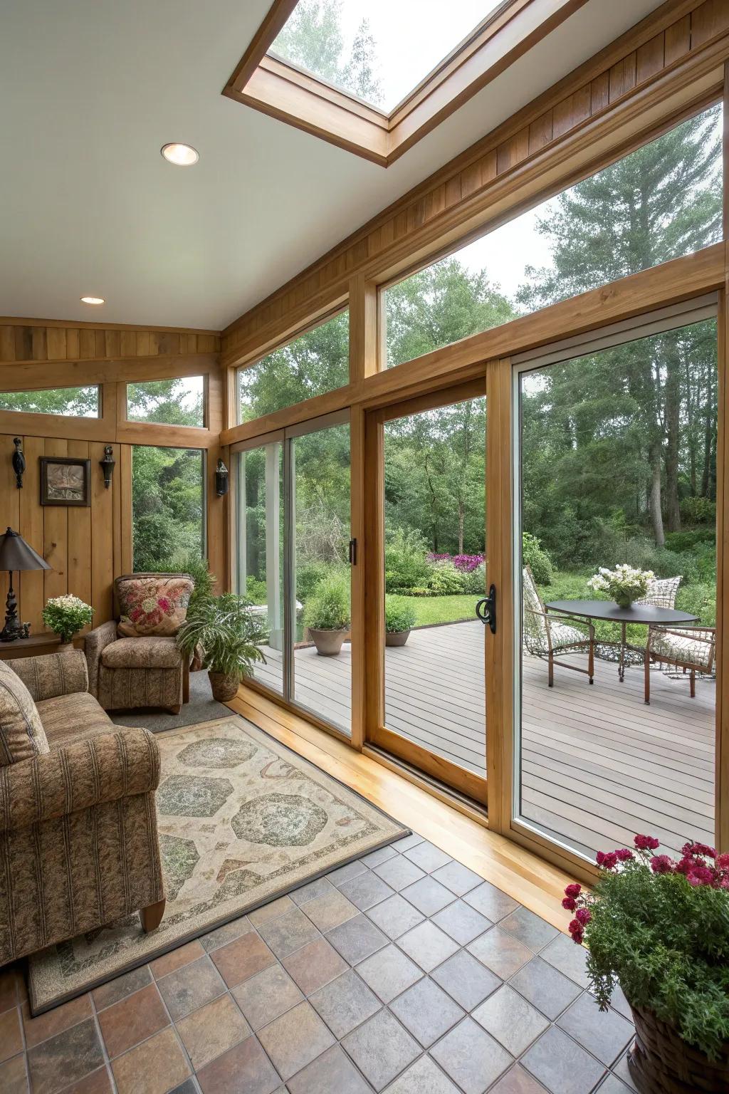 Seamless floor covering transitions from indoors to outdoors.