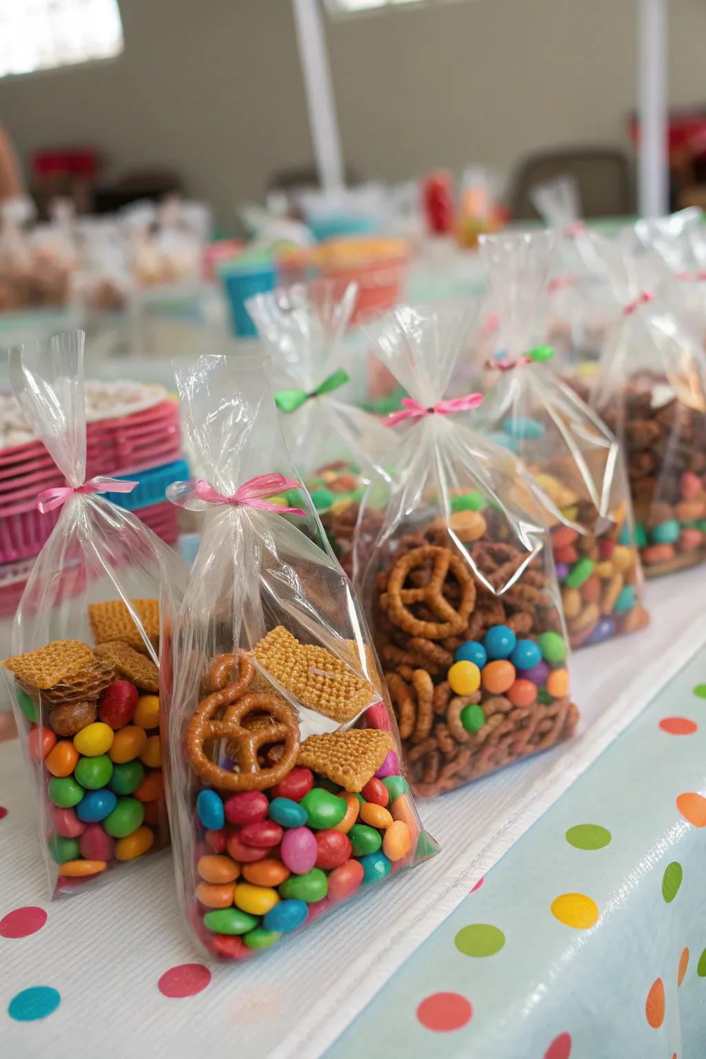 Celebratory snack mix in clear bags