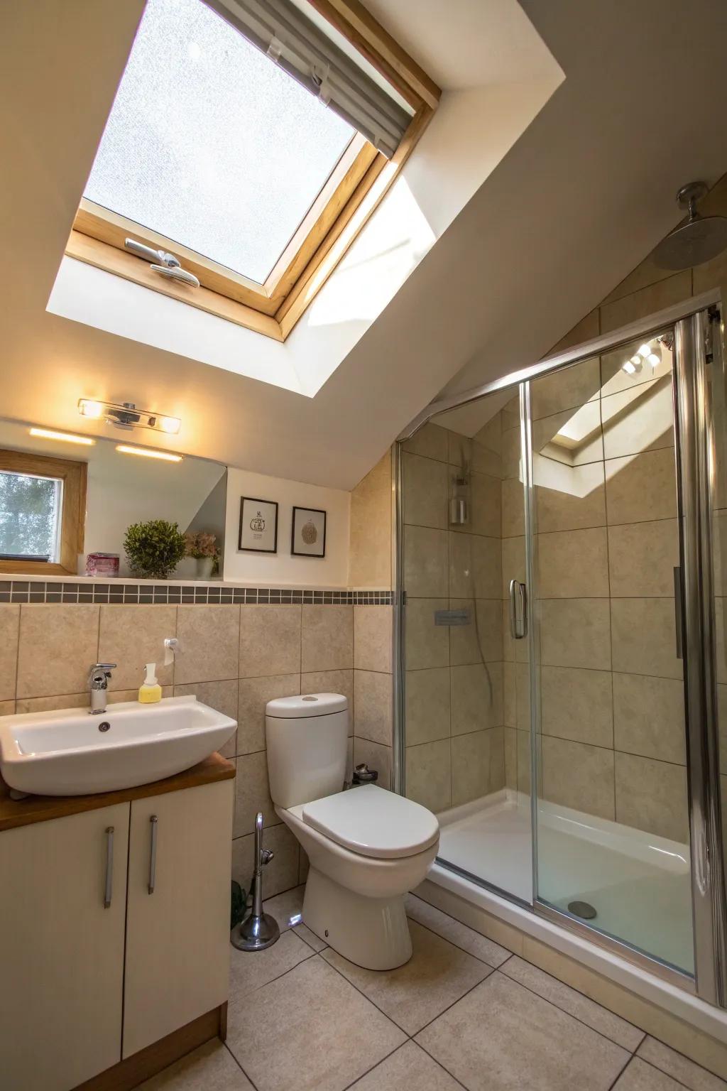 Natural light from a skylight is capable of rendering any lavatory feeling more extensive and welcoming.