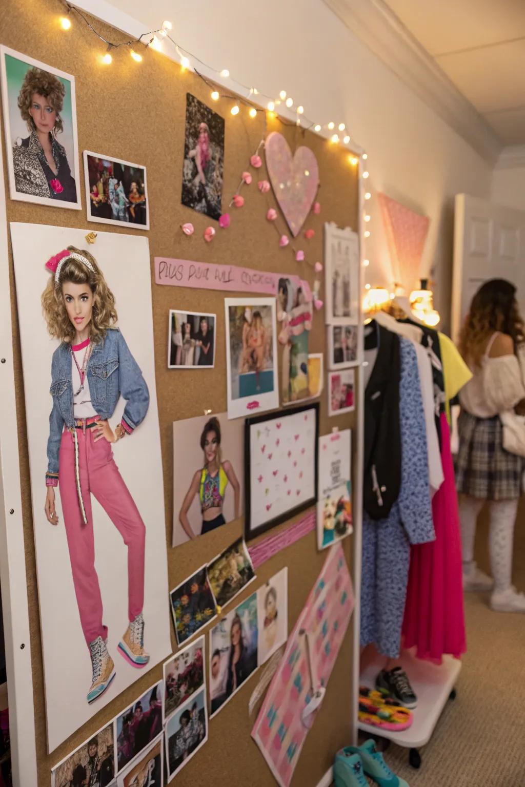 80s wardrobe cutouts on a board in a fashion-inspired space.