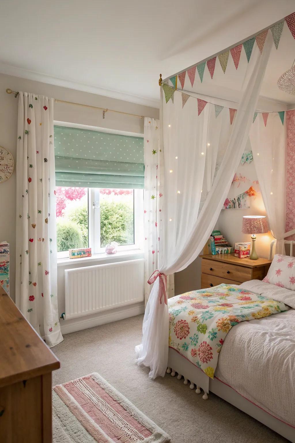 Charming window treatments add whimsy and enhance privacy.