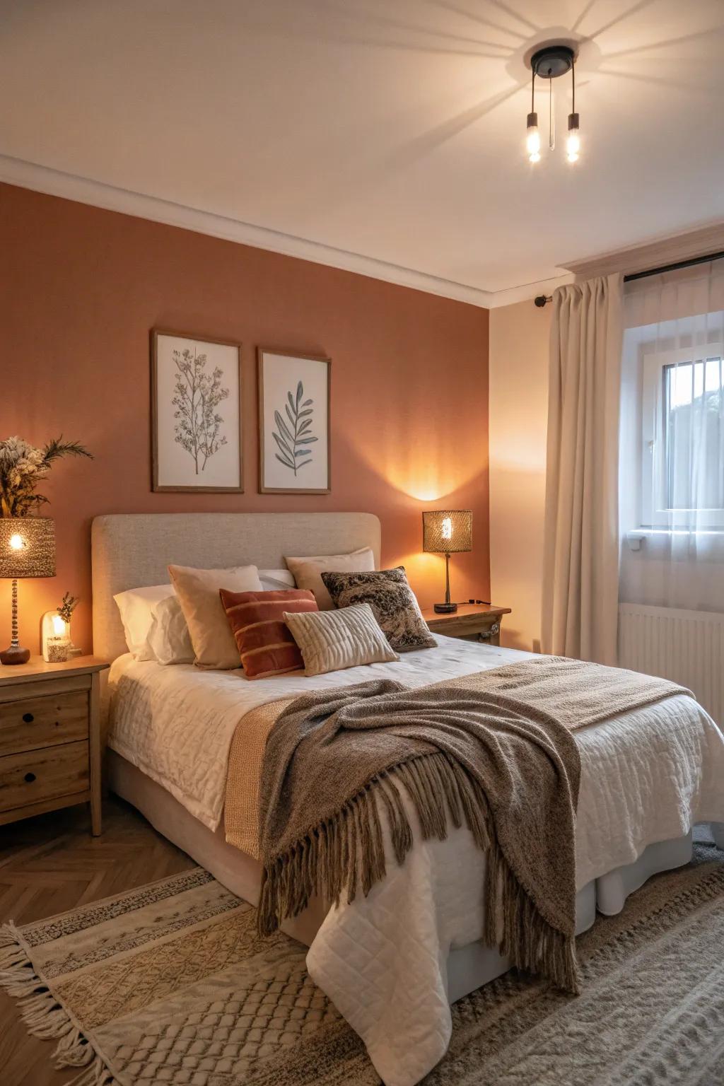 Warm shades on the feature wall make the bedroom feel inviting and snug.