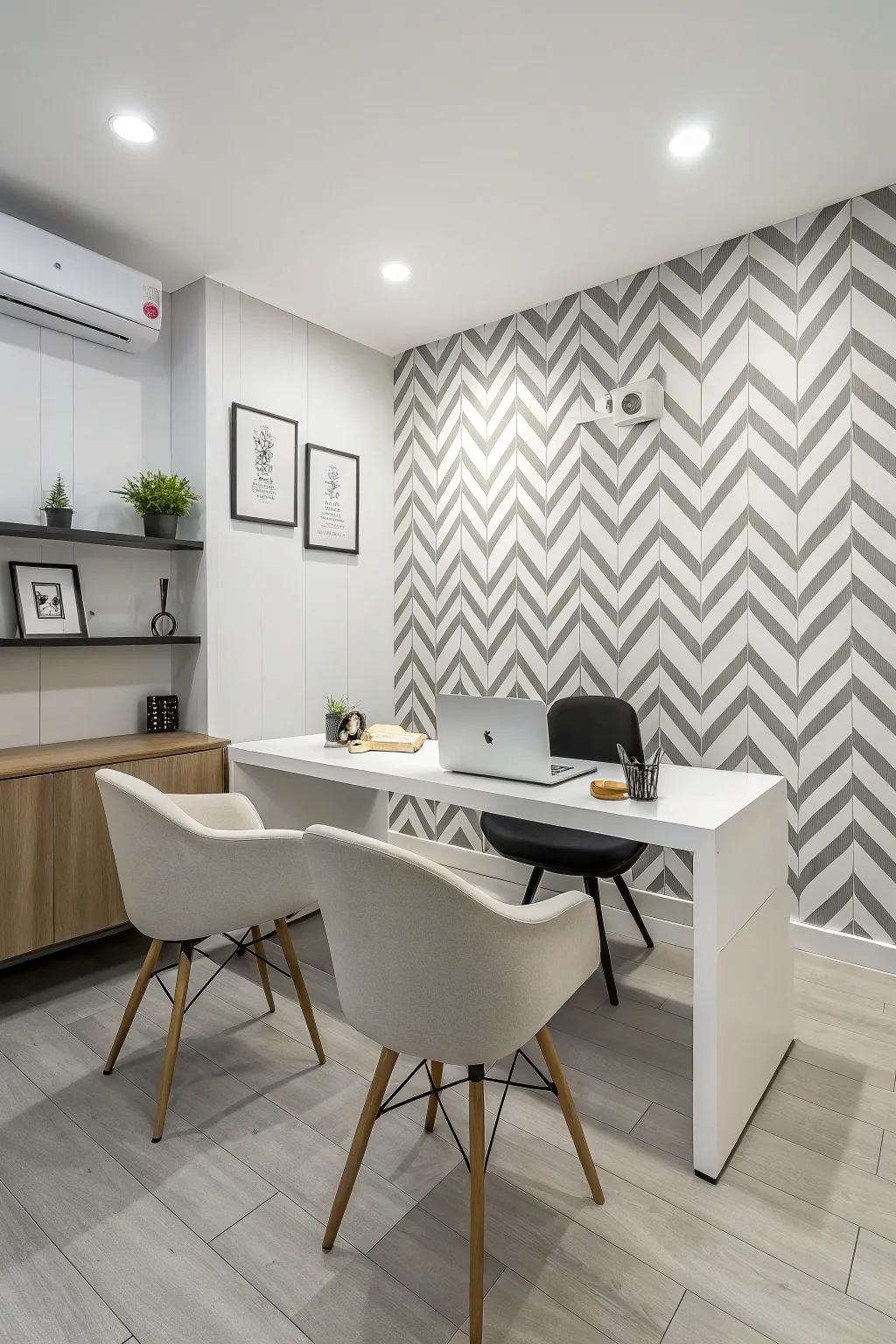 A sleek office space with a monochrome feature wall.
