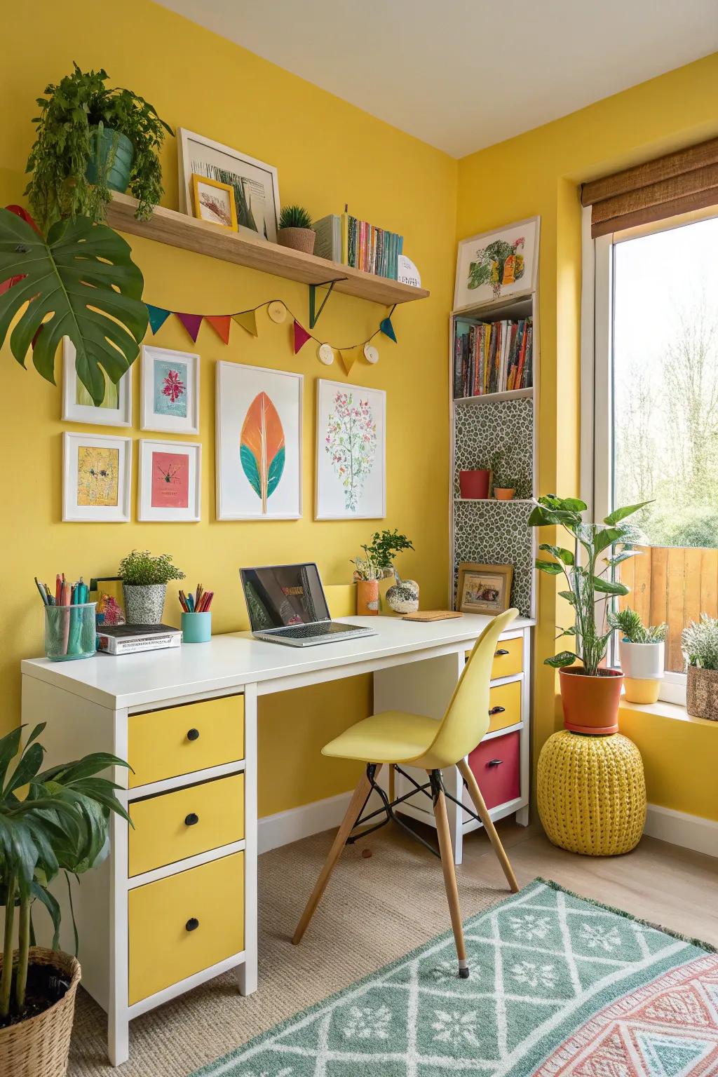 A home office featuring a sunny yellow accent wall for a lively atmosphere.