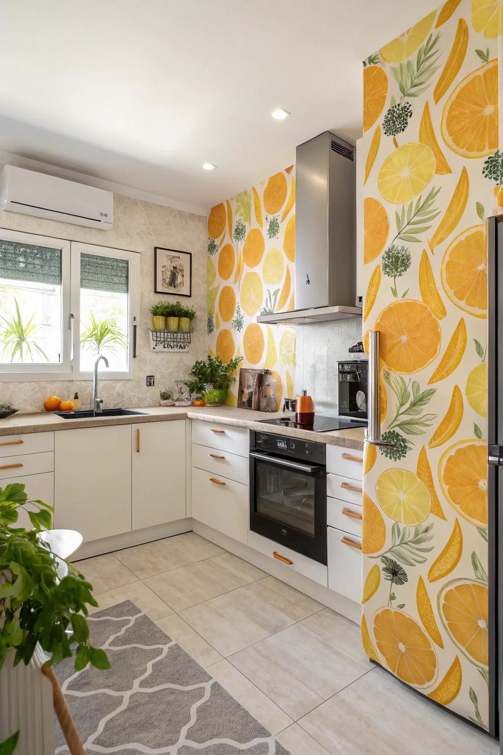 Bright accent wallpaper adds a vibrant touch to a modern kitchen.