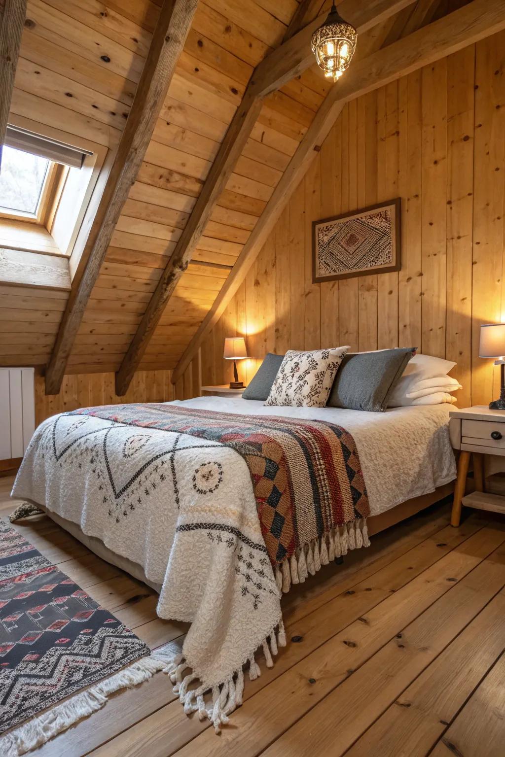 Textural layers introduce depth and interest to an Airbnb bedroom.