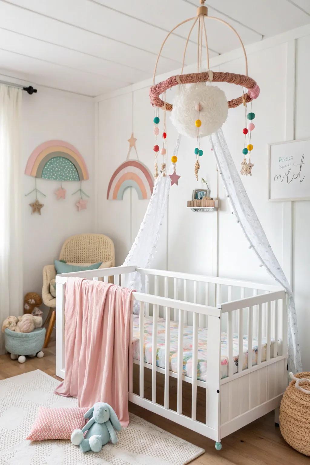 Unforeseen elements bring a playful touch to a white nursery.