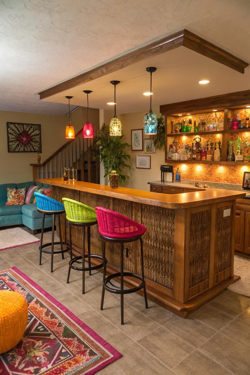 The unique vibe of this bar comes from the use of personalized colors.