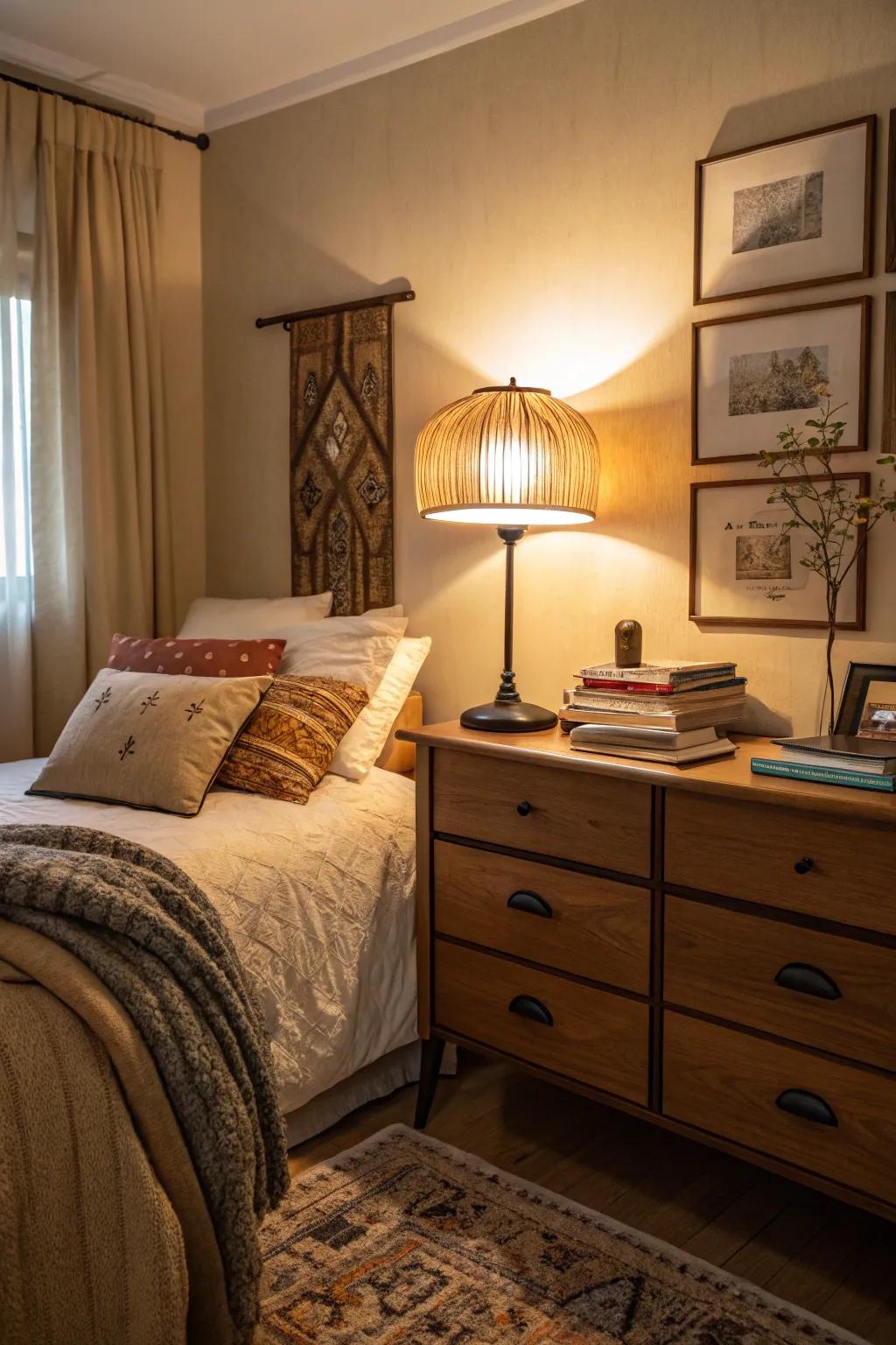 A bedroom in an apartment bathed in the soft, warm glow of a table lamp.