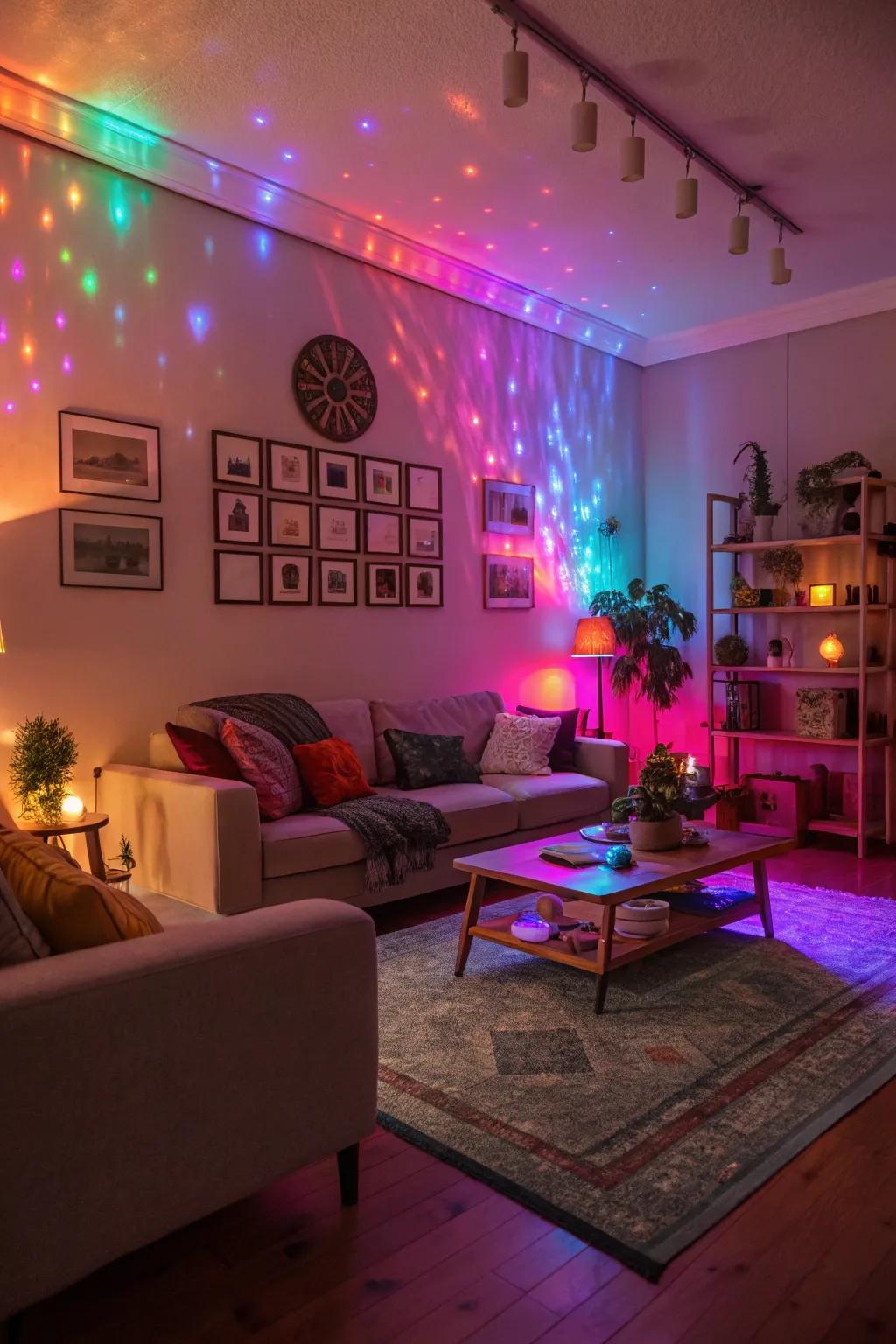 A living room featuring colored diode lights adding vibrant energy.