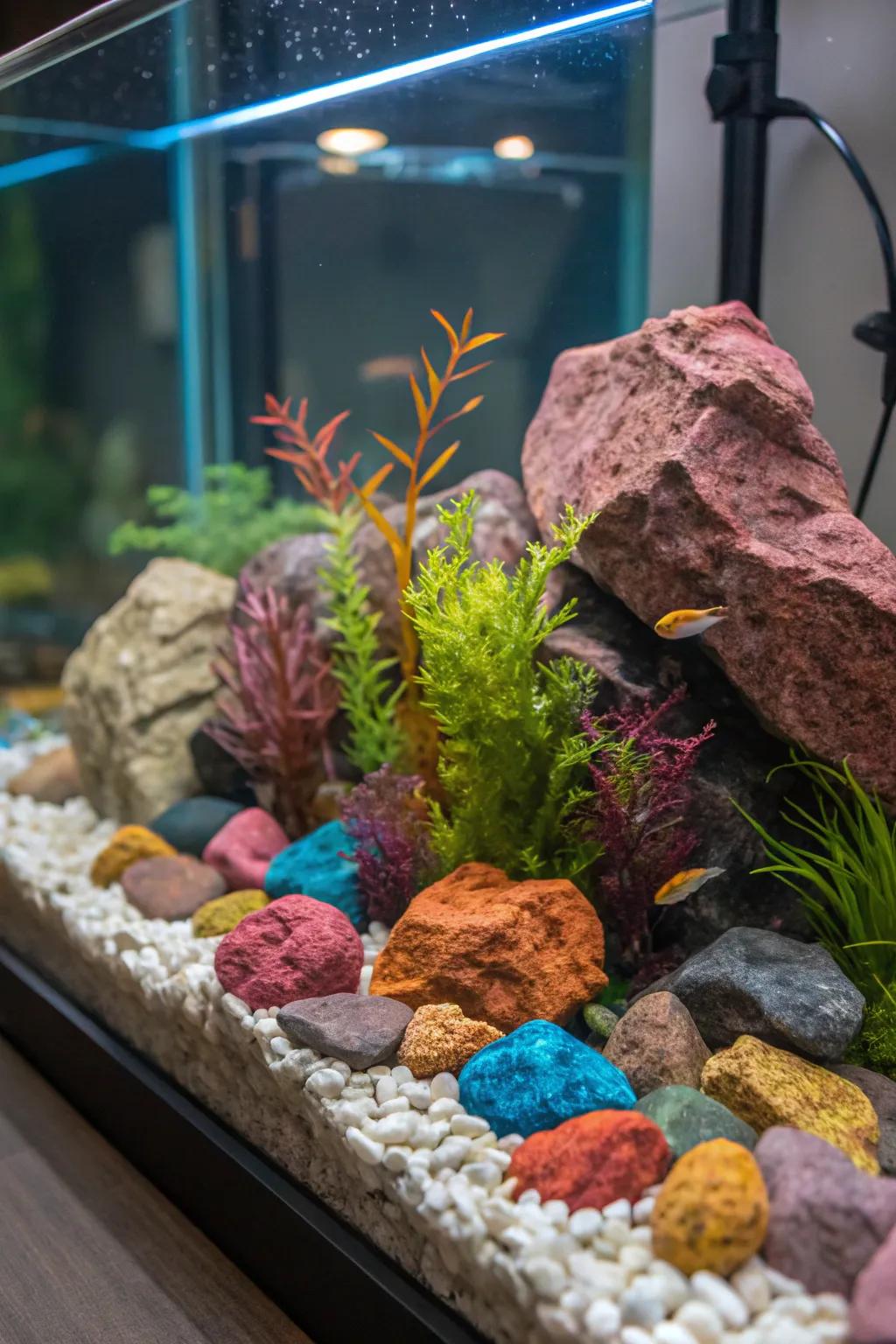 A vibrant stone assortment imparts energy to this aquascape.