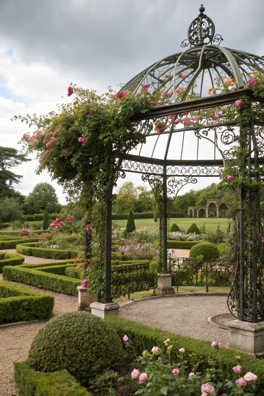 A Victorian-style pergola contributes timeless elegance to the garden.