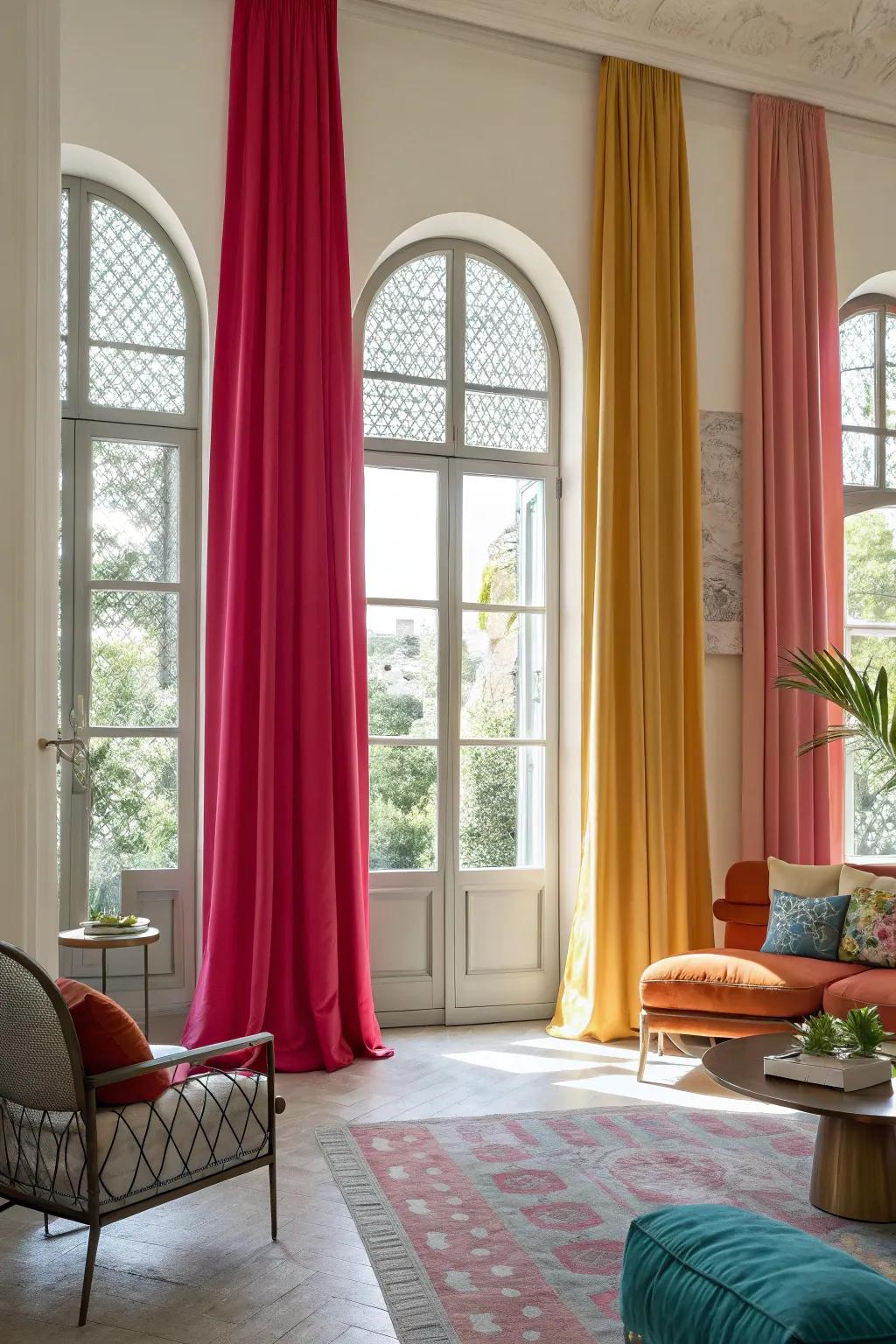 Vibrant contemporary room featuring intense colored accents on arched windows.