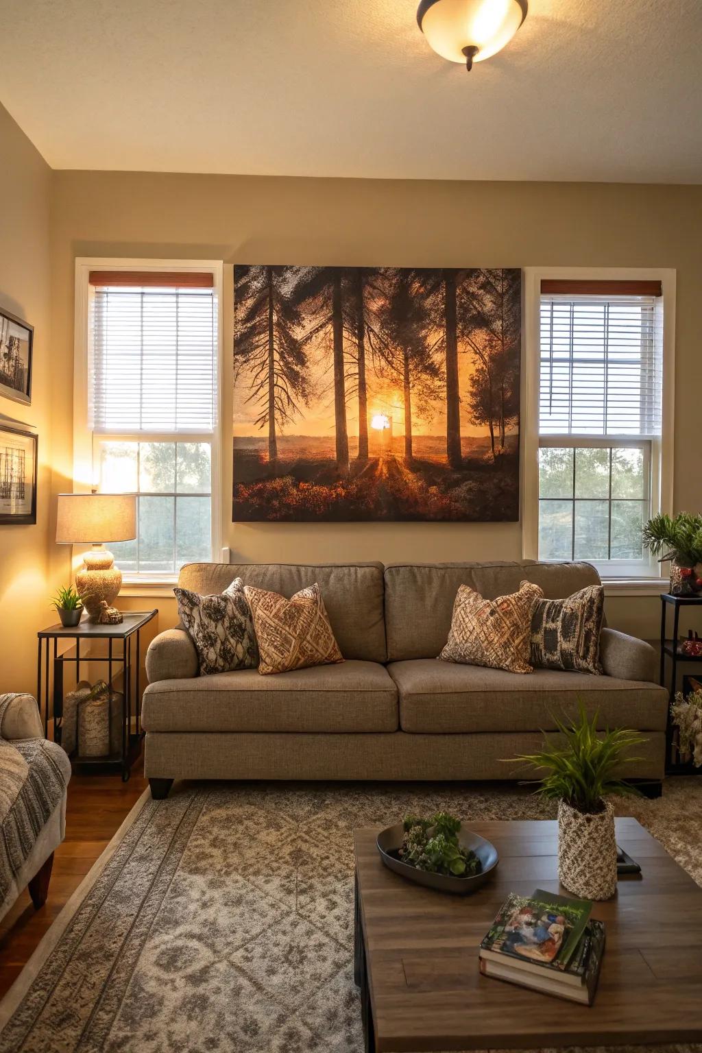 Art positioned above furnishings establishes a captivating central attraction within any chamber.