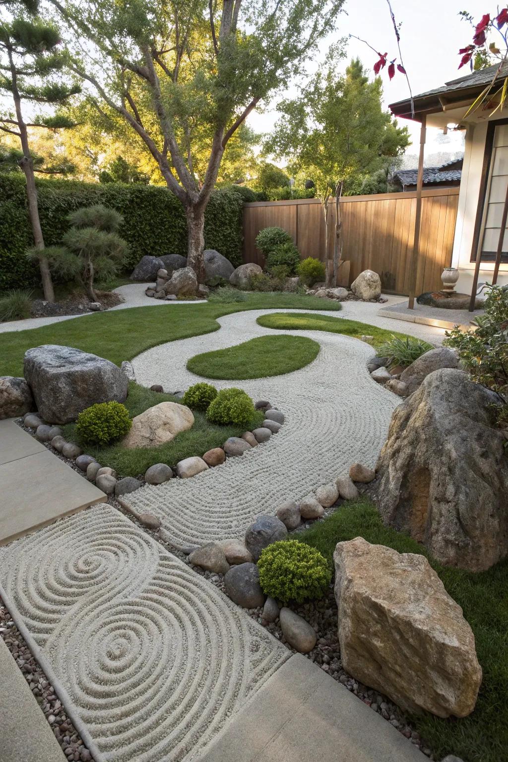 A peaceful Zen garden using rich synthetic turf.