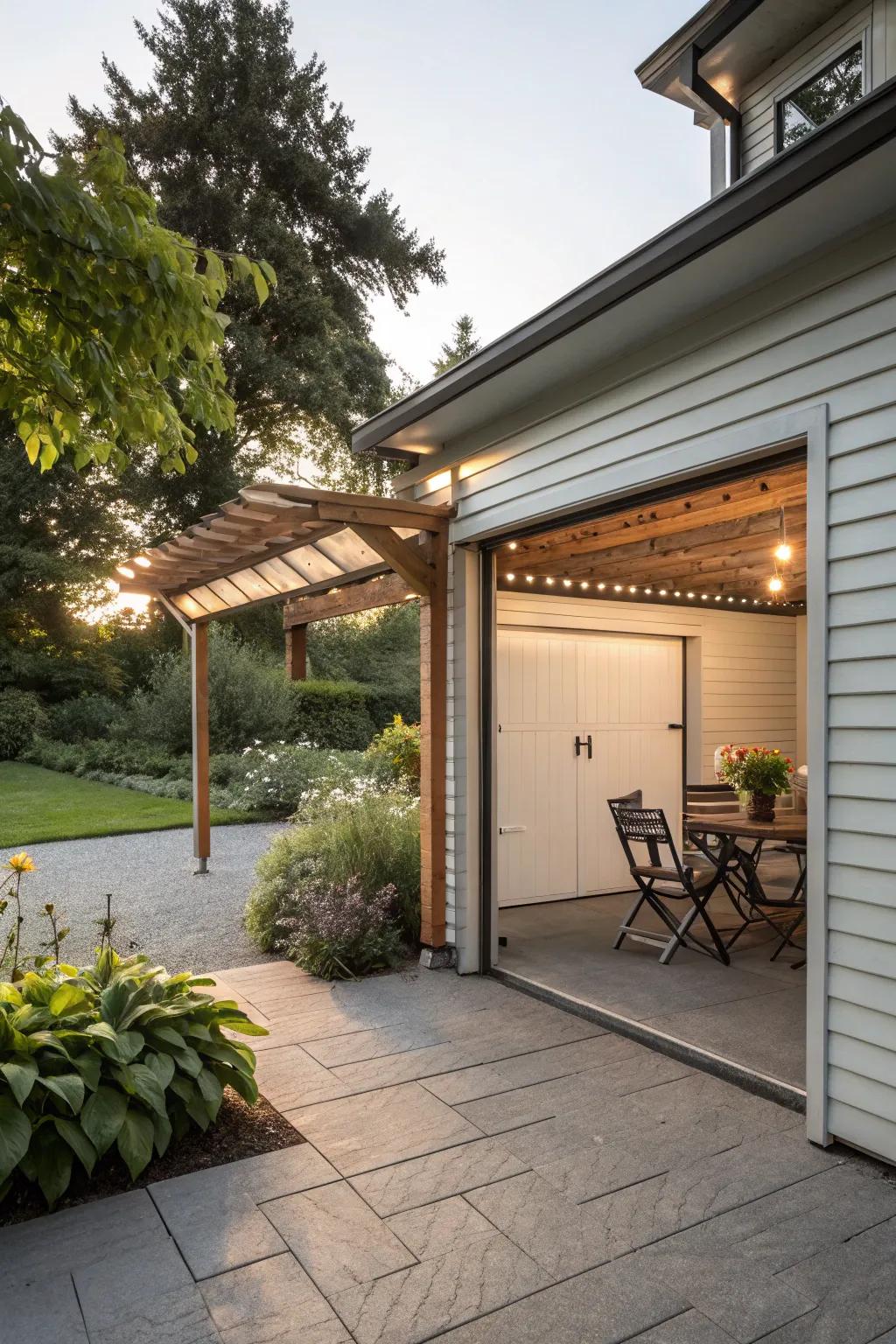 An outdoor habitation proliferation that complements the garage vicinity.