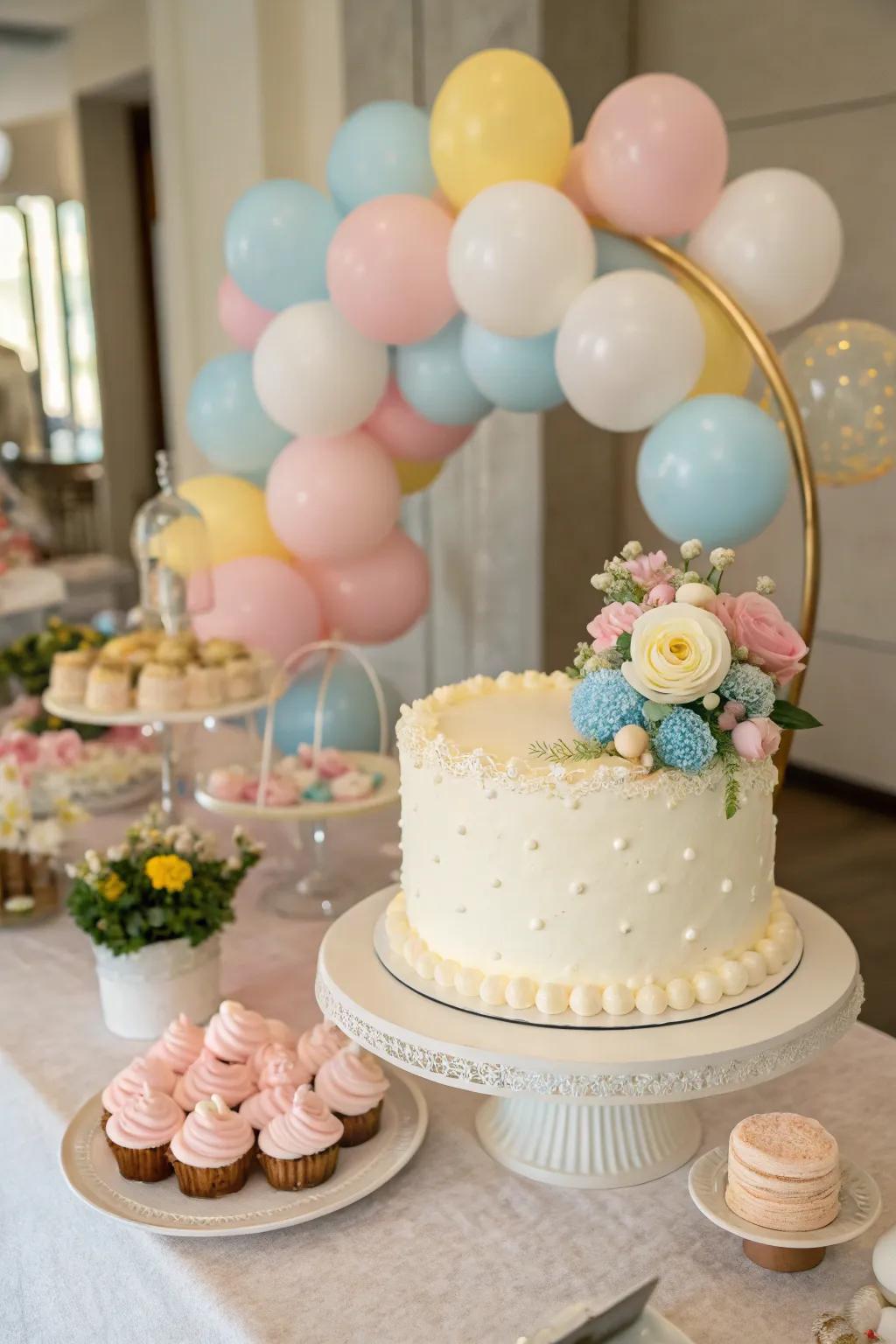 A balloon garland cake topper adds a playful element to desserts.