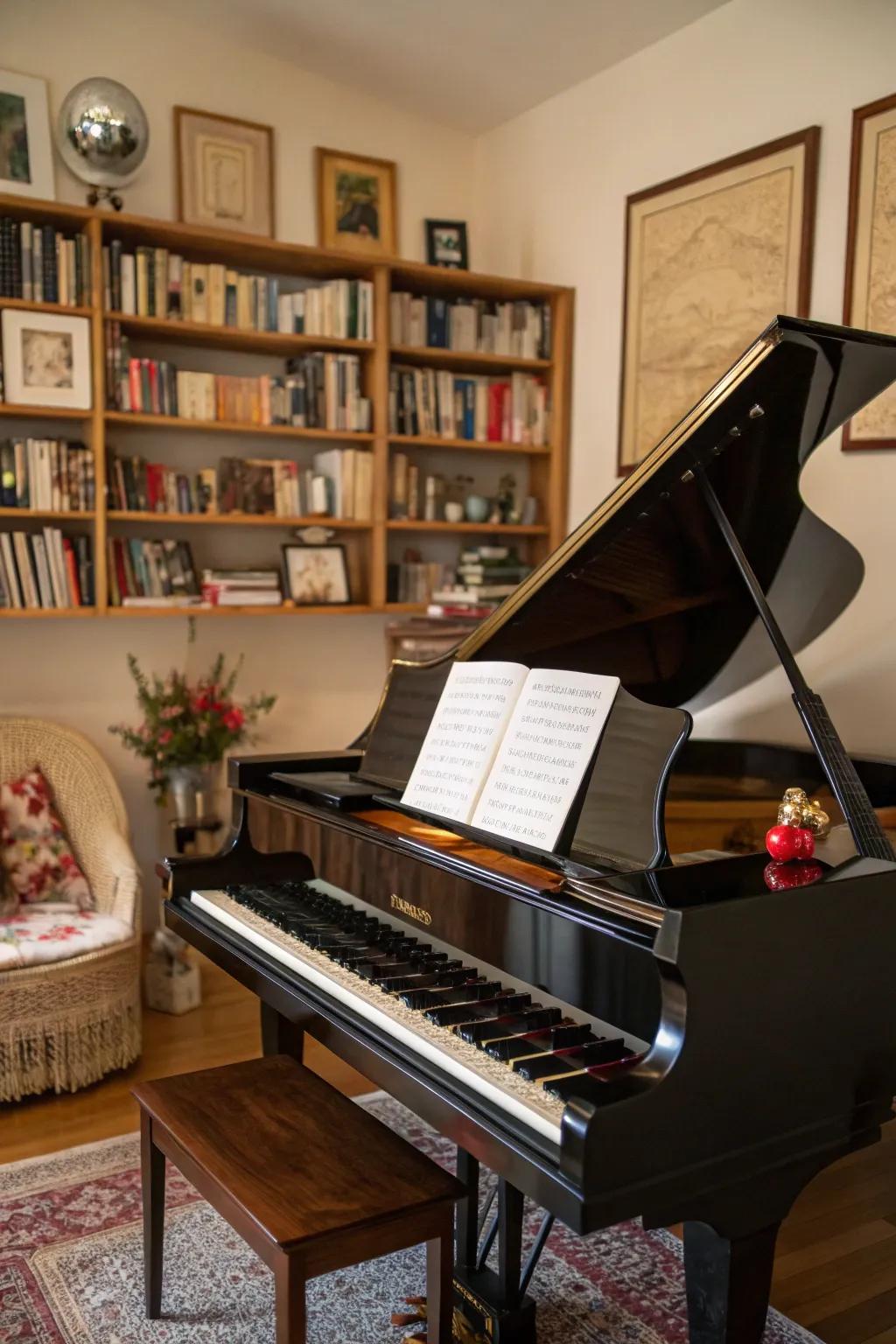 Shelves present display and storage around the piano.