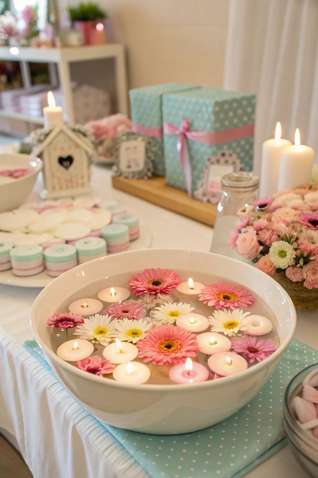 A peaceful centerpiece showcasing drifting lights and flowers