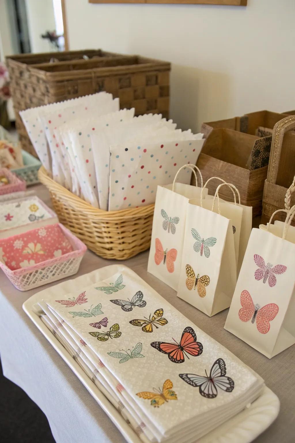 Butterfly-stamped paper goods adding elegance to the smaller details.
