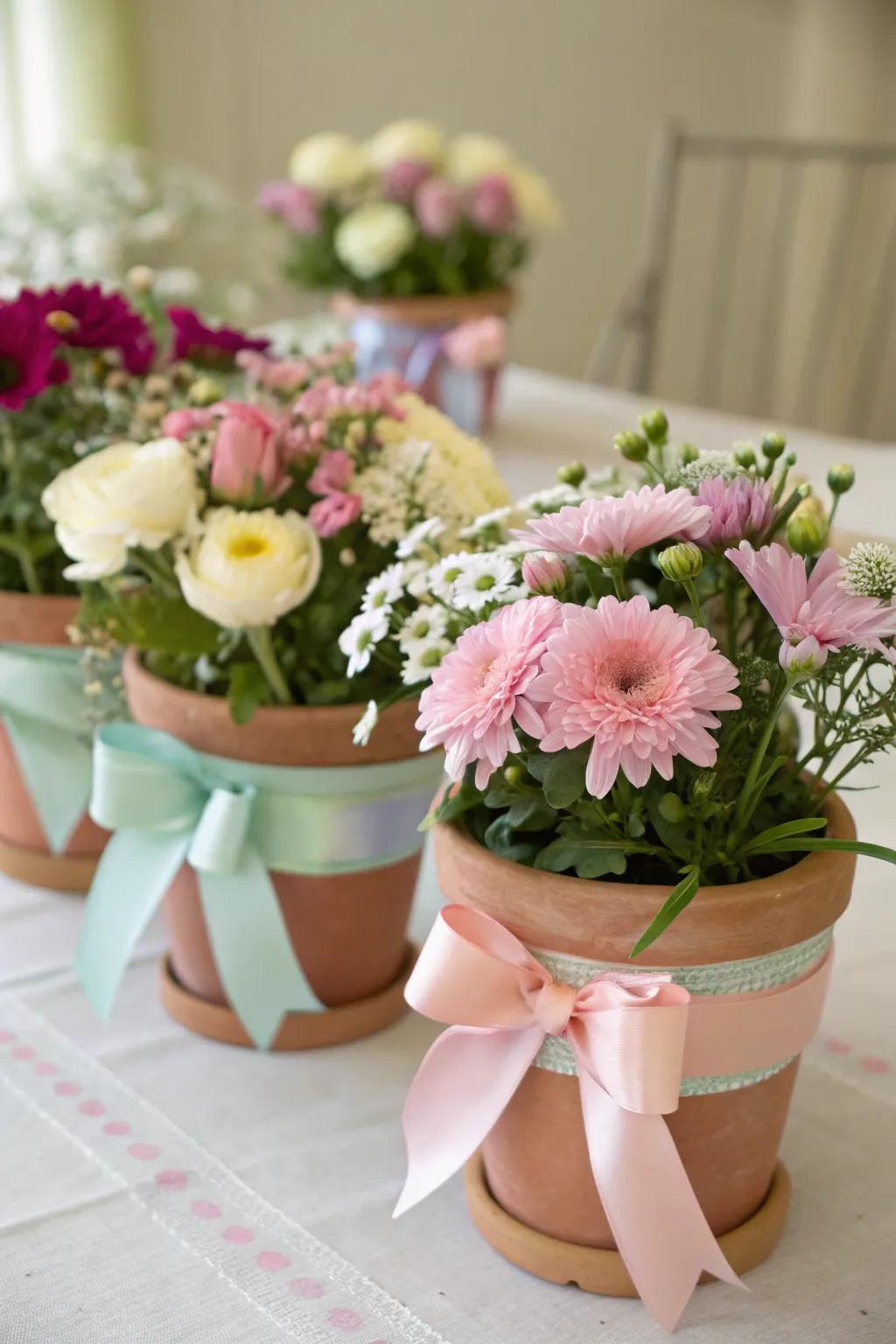 Flower pots ornamented with ribbons grant a radiant and exquisite impression.