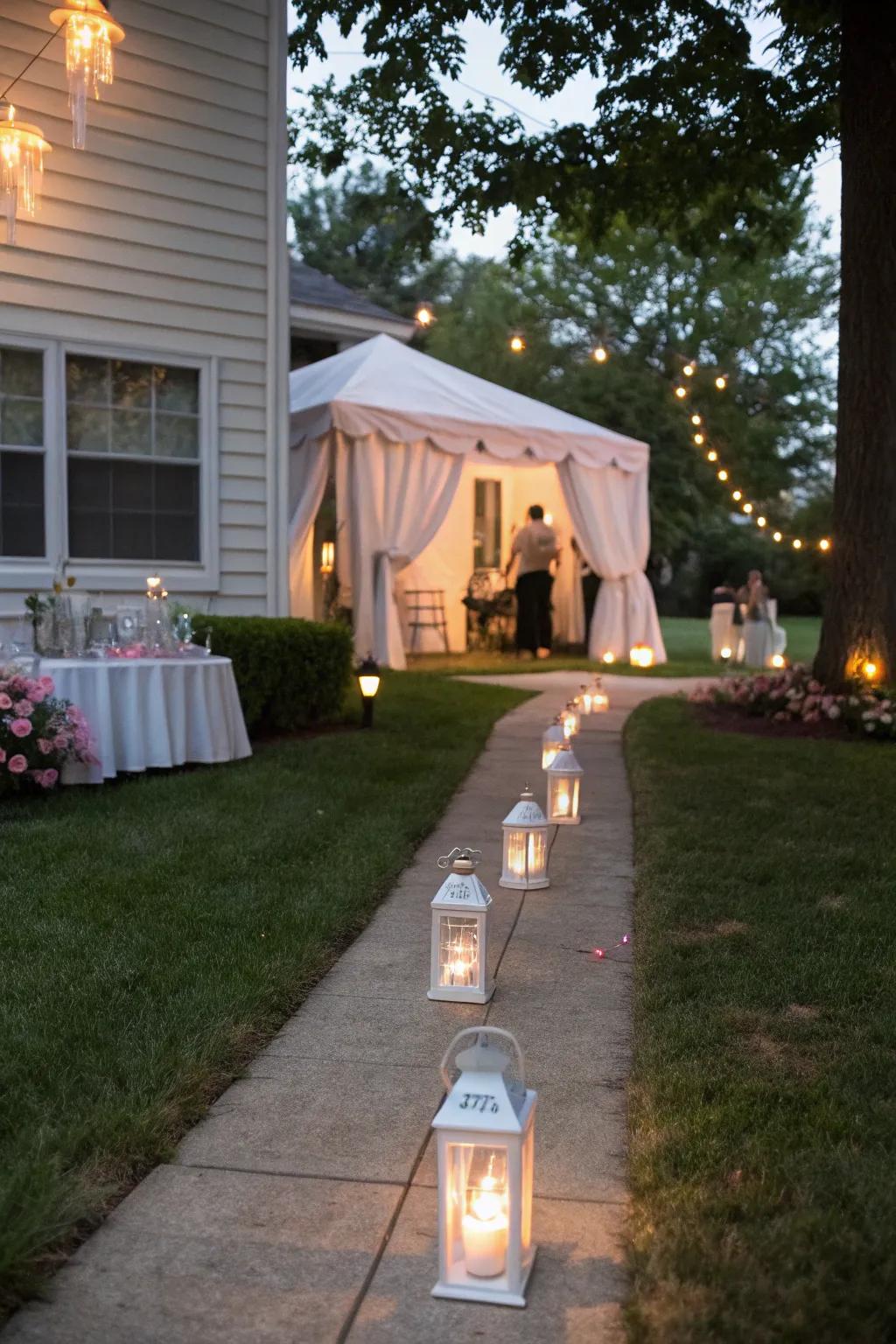 An illuminated pathway enhances the magical appeal and guides attendees to the entrance.