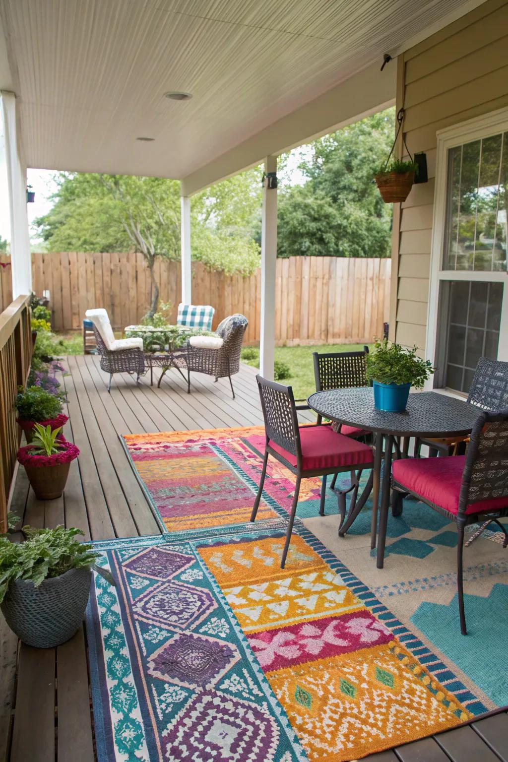 Delineate your porch spaces with stylish outdoor rugs.