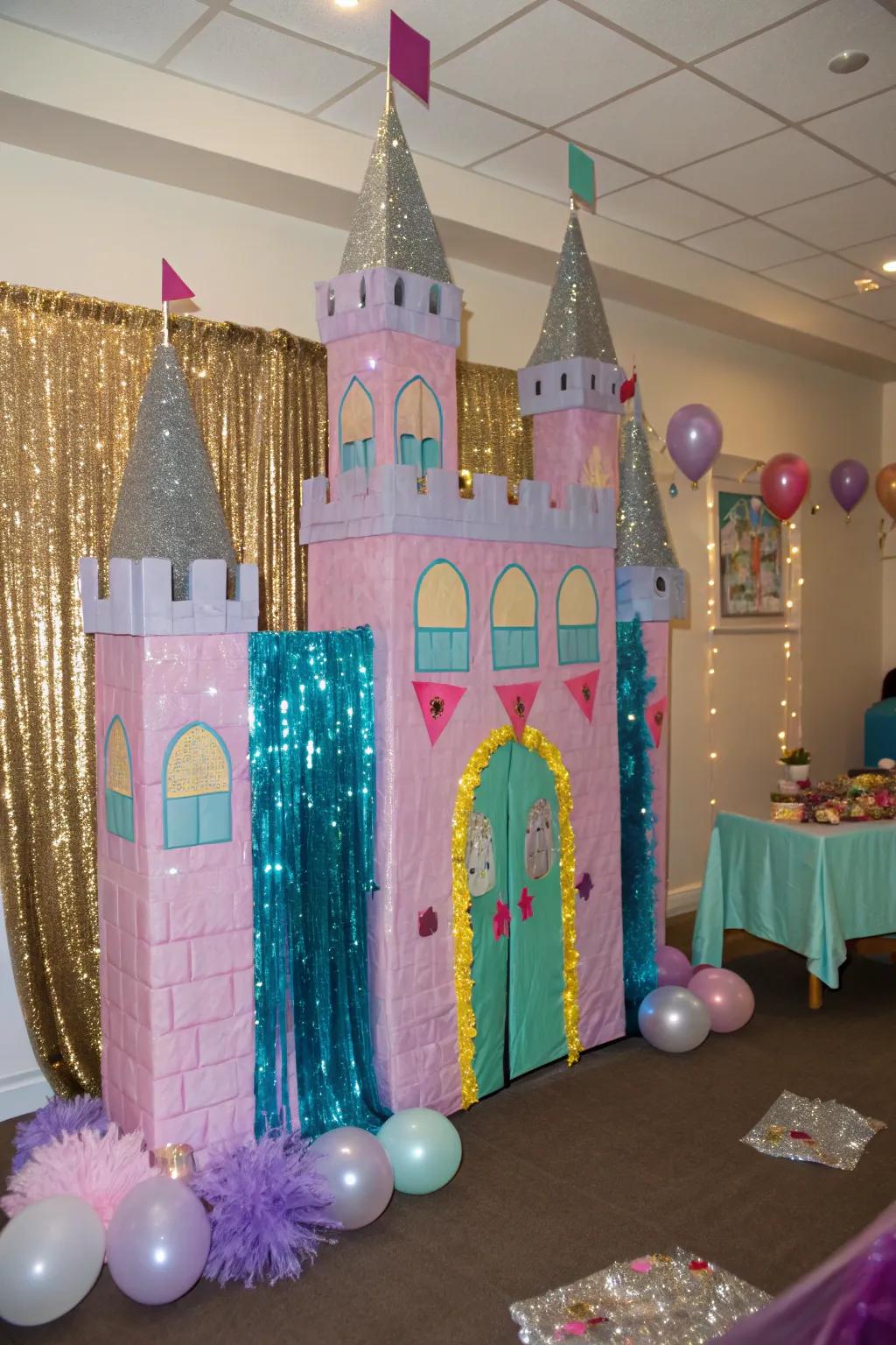 A cardboard castle makes for a majestic backdrop, perfect for photos.