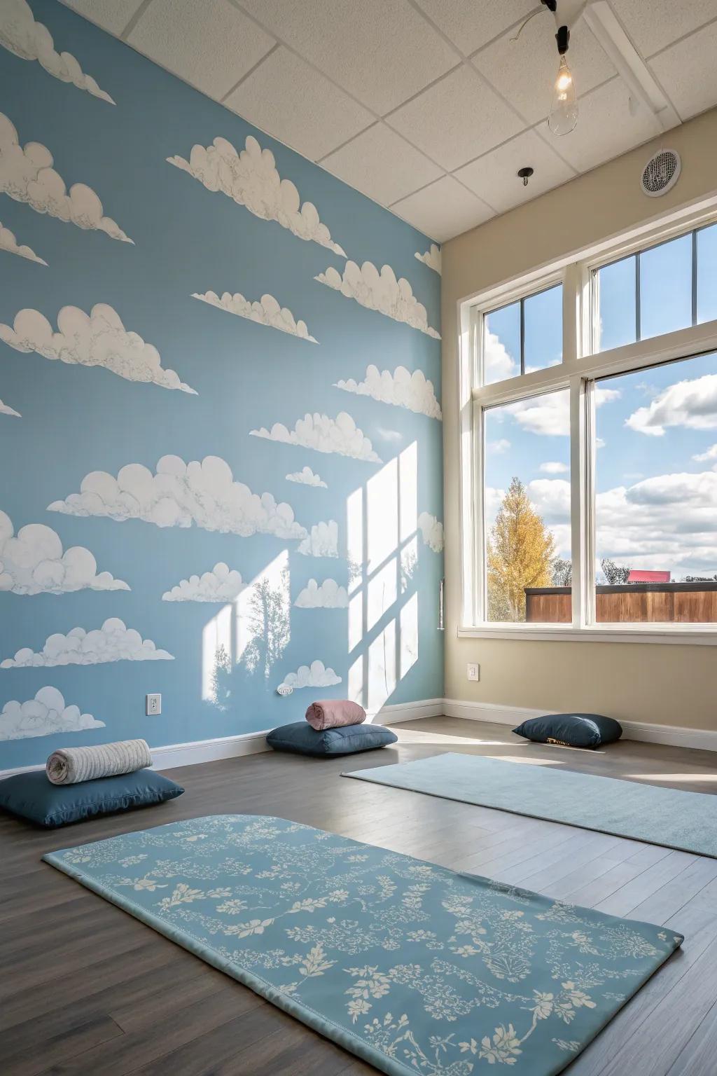 A meditation area that displays a soft blue sky and clouds on a sky-inspired wall.