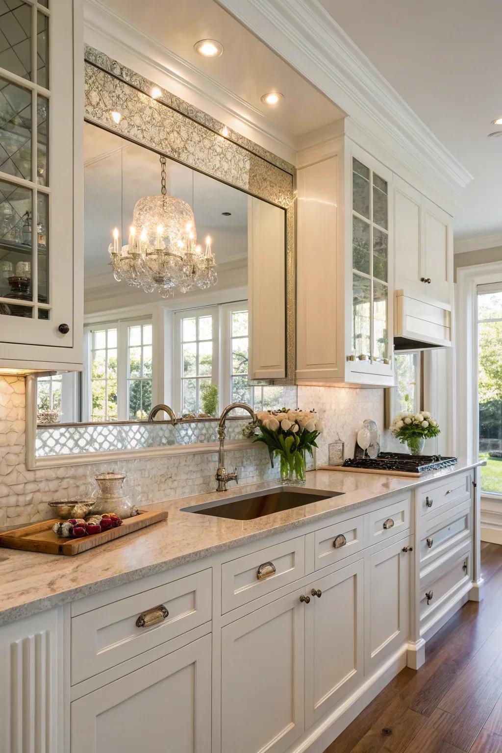 Incorporate glamour through a reflective glass backsplash.