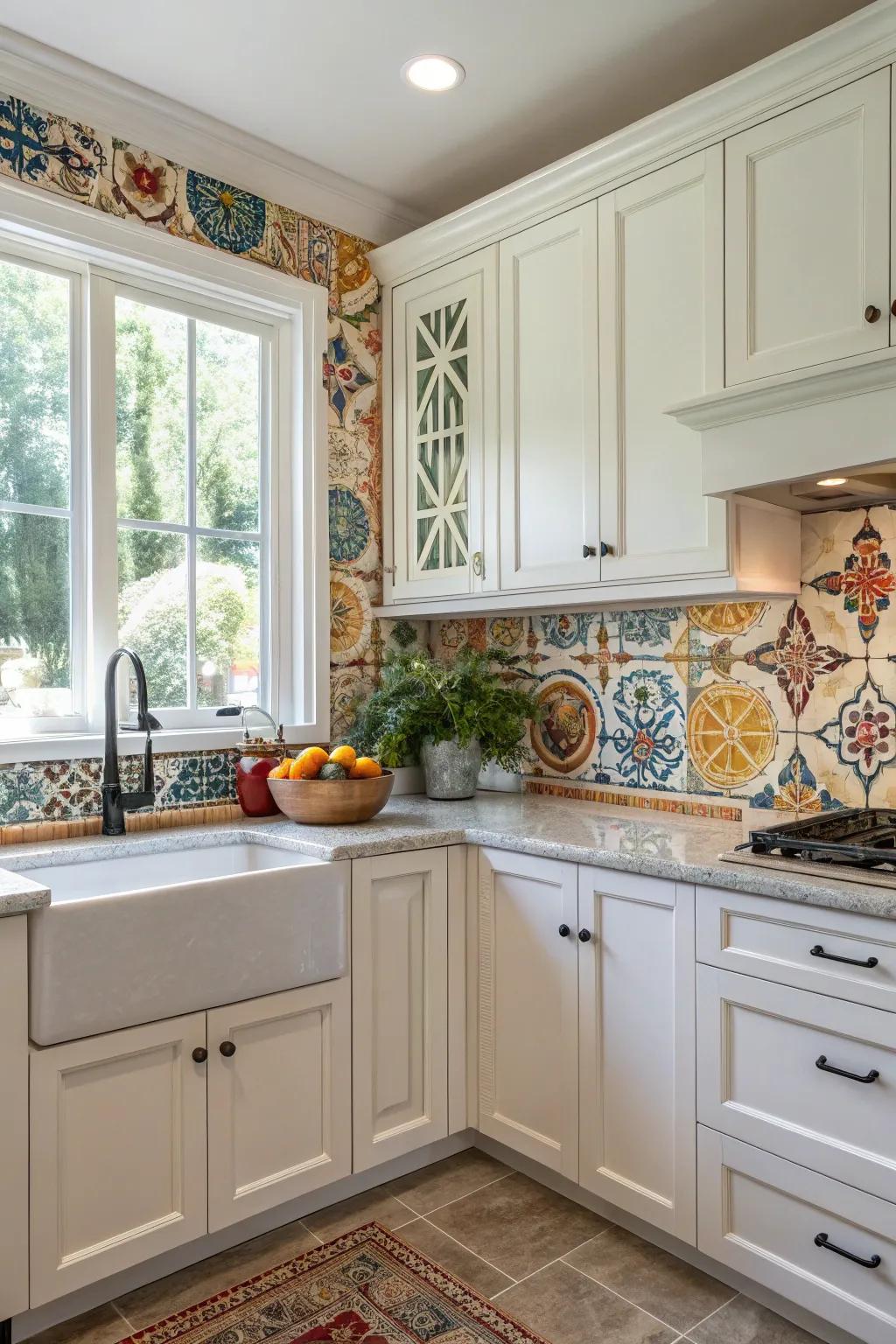 Hand-painted tiles introduce a unique artistic flair to this white kitchen.
