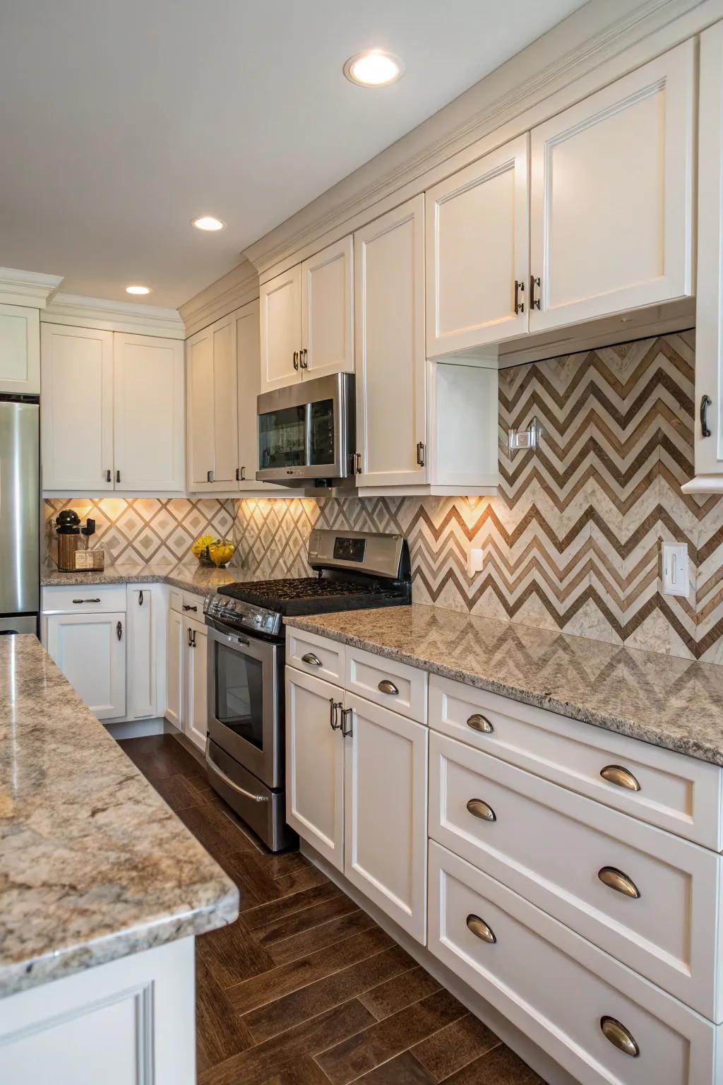 Angled pattern tiles impart a modern refinement to fantasy brown granite.