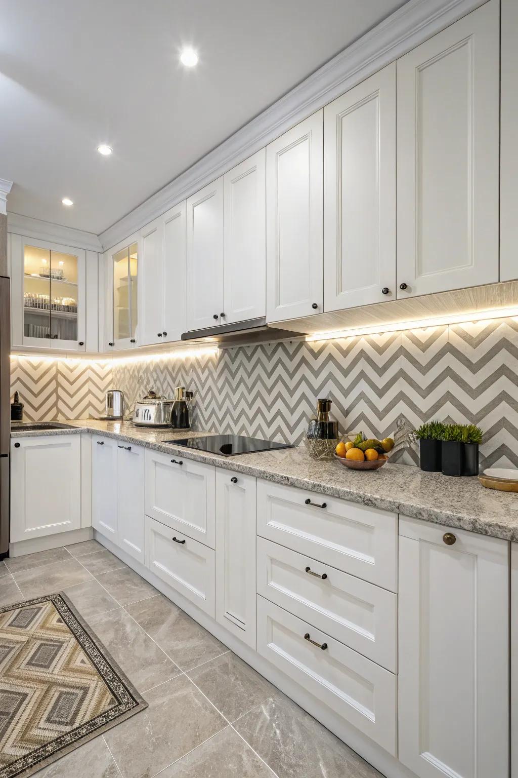 Chevron patterns bring a stylish flow to the kitchen design.