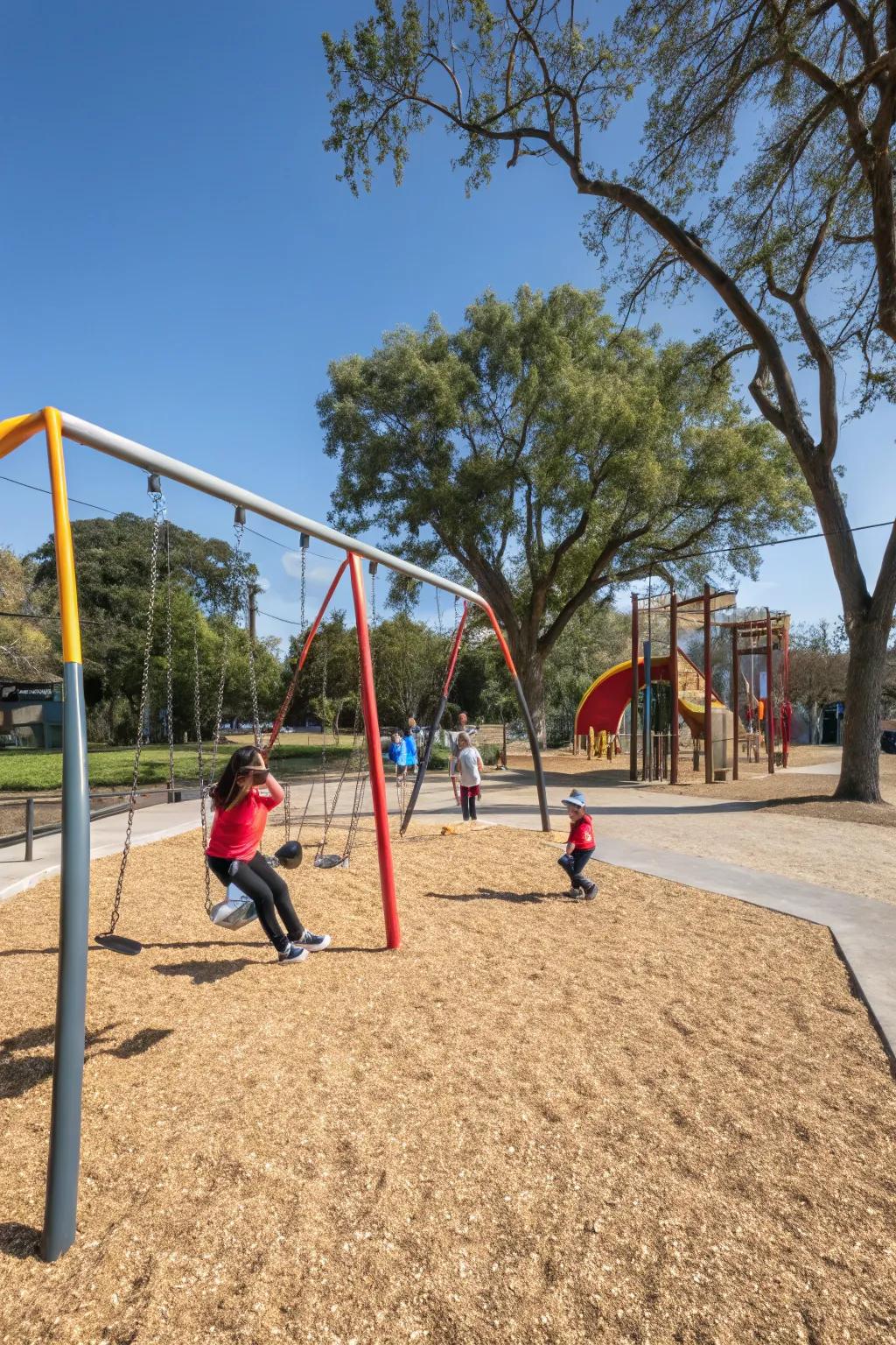 A lively and secure recreational area upon crushed rock, perfect for children.