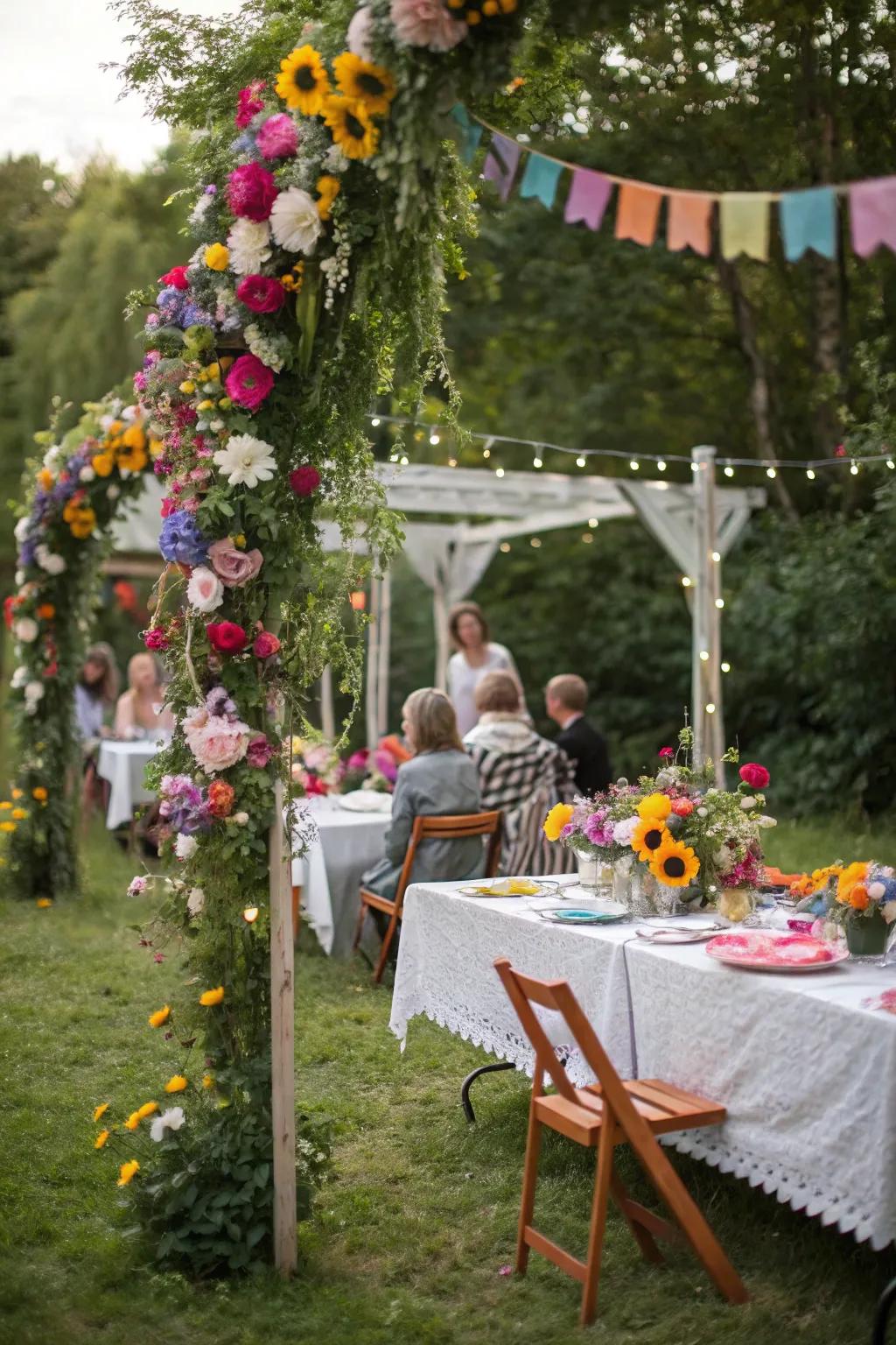 Handcrafted blossom swags add a rustic charm to the garden party.