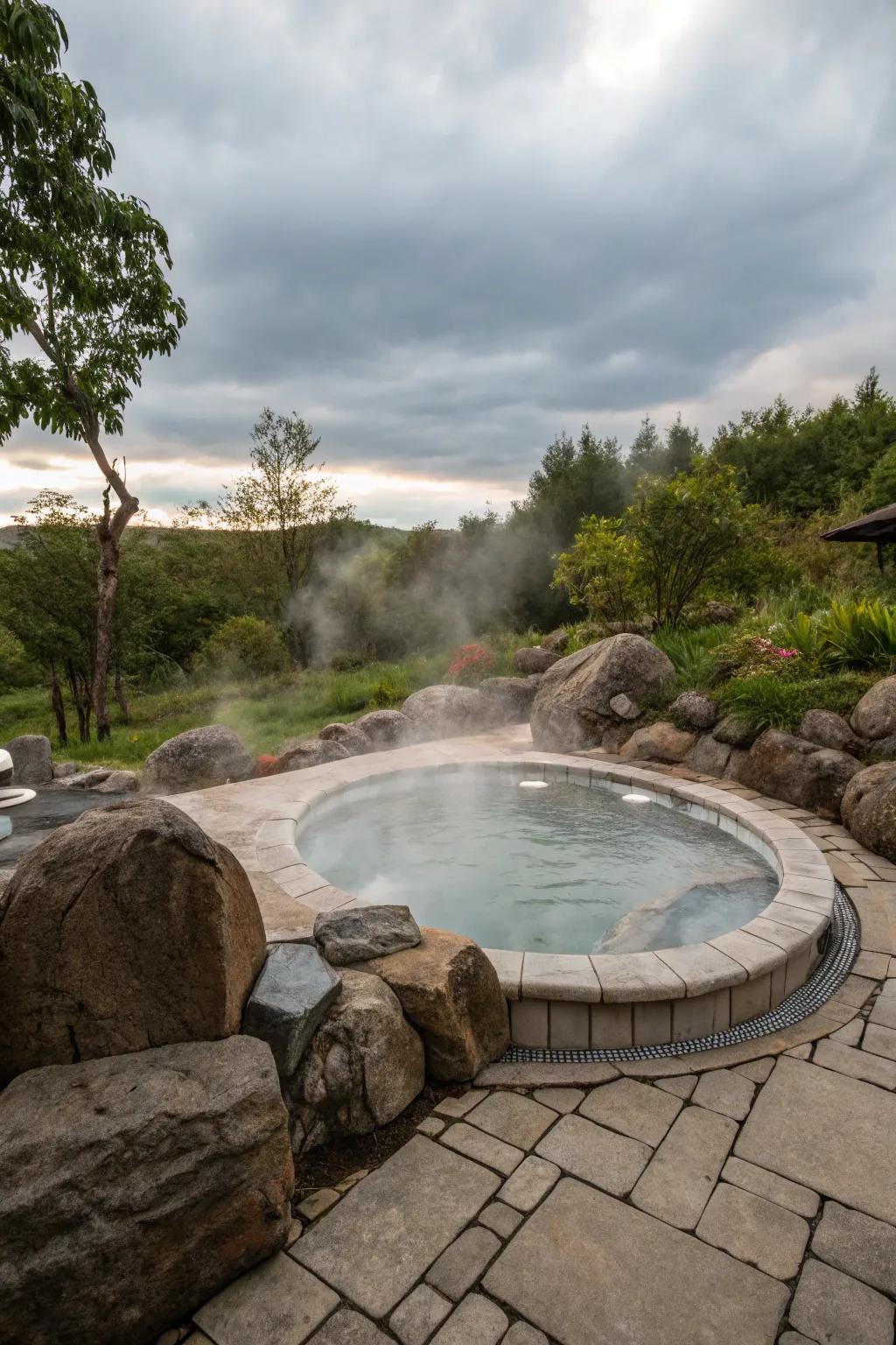 Stone surroundings create a seamless and natural look for your spa tub.