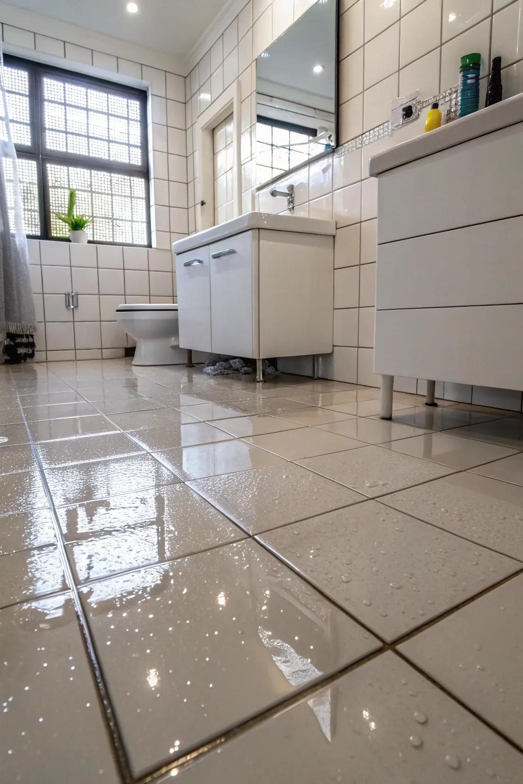 A bathroom featuring glossy tiles that appear slippery, posing a potential danger.
