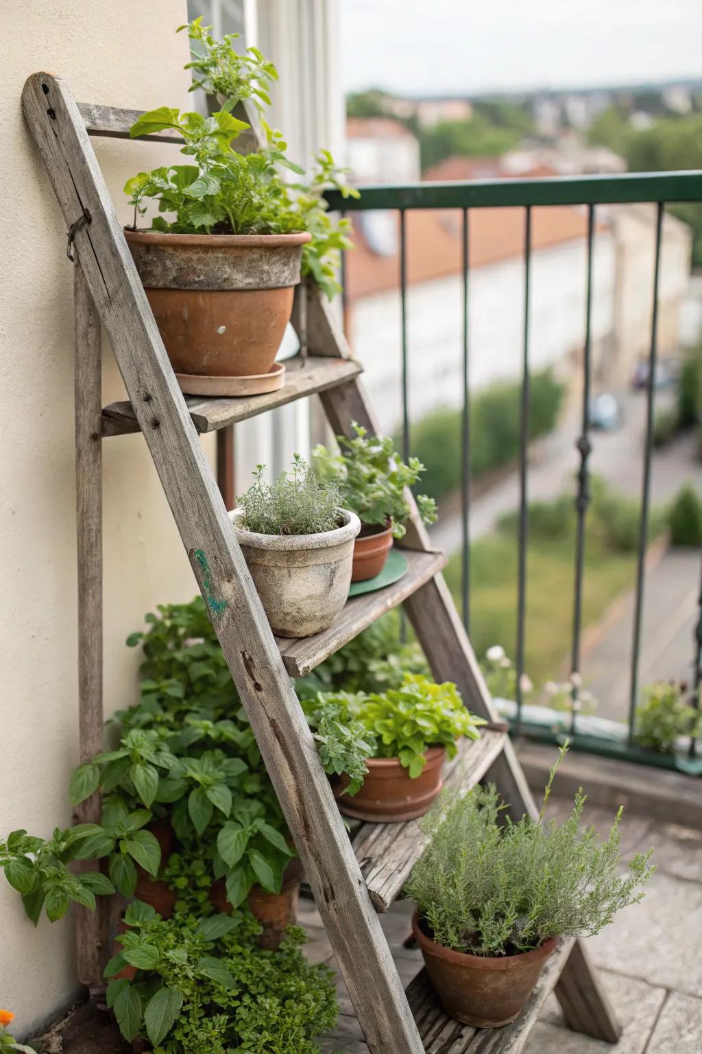 A repurposed ladder contributes height and character to your herb garden.