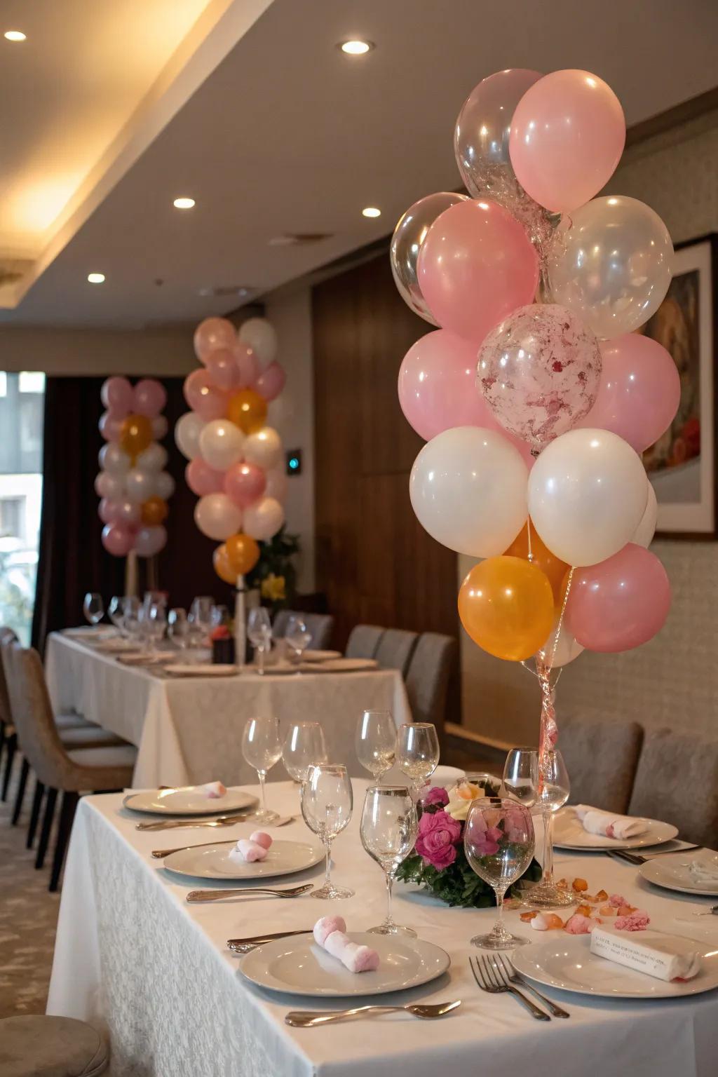 Refined balloon focal points add a hint of sophistication to any table.