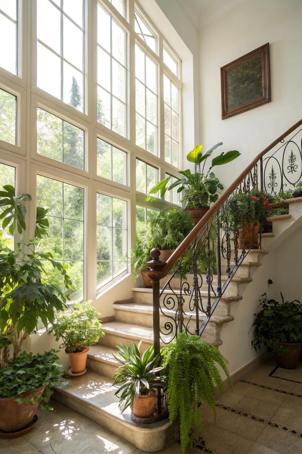 With plants accentuating the banister, it's lively and fresh.