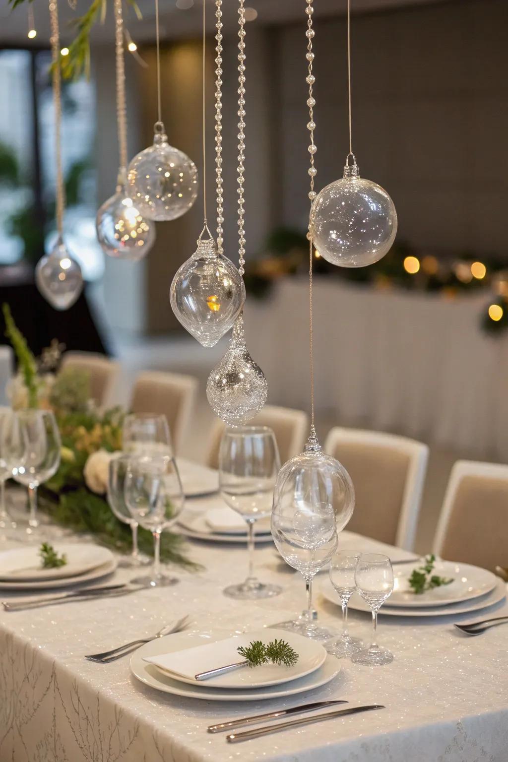 Glass baubles adding a modern touch to the banquet table.